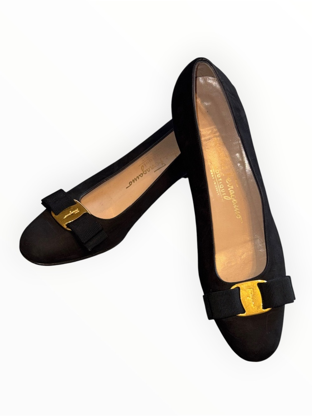 SALVATORE FERRAGAMO VINTAGE women’s black Vara bow suede pumps shoes sz 7 1/2